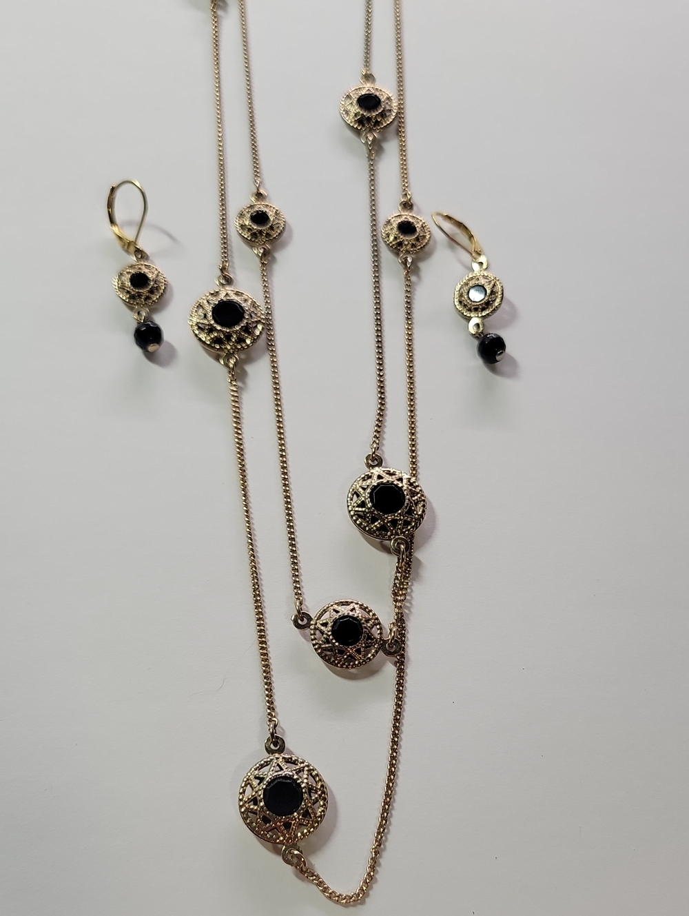 Gold-Tone Filigree Necklace & Earrings Set with Black Stones
